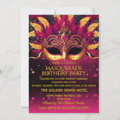 Invitation Pink Gold Feathers Masks Masquerade Birthday Party (Devant)