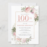 Invitation Pink Gold Floral 100e anniversaire Surprise Party<br><div class="desc">Faites honneur à une femme spéciale avec cette invitation à la fête surprise du 100e anniversaire, élégante et féminine. Le 100ème est écrit en gros texte rose. La célébration d'anniversaire suit. Le nom de l'invité honoré est également en majuscules roses. Le reste du texte est doucement gris colombe. Les détails...</div>