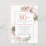 Invitation Pink Gold Floral 80e anniversaire Surprise Party<br><div class="desc">Honorer une femme spéciale avec cette invitation de fête surprise 80e anniversaire élégante et féminine. La 80ème est écrite en gros rose rose, la fête d'anniversaire surprise suit. Le nom de l'invité honoré est également en majuscules roses. Le reste du texte est doucement gris colombe. Les détails de la fête...</div>