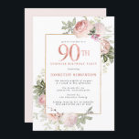 Invitation Pink Gold Floral 90e fête d'anniversaire<br><div class="desc">Faites honneur à une femme spéciale avec cette invitation élégante et féminine 90e anniversaire. 90ème est écrit en gros rose rose. Suprise Birthday Party suit. Le nom de l'invité honoré est également en majuscules roses. Le reste du texte est doucement gris colombe. Les détails de la célébration du 90ème anniversaire...</div>