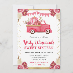Invitation Pink Gold Floral Citrouille Camion Automne Sweet 1