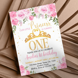 Invitation Pink Gold Floral Crown Princesse 1er anniversaire