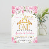 Invitation Pink Gold Floral Crown Princesse 1er anniversaire (Debout devant)