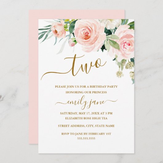 Invitation Pink Gold Floral Deuxième fête d'anniversaire (Devant / Derrière)