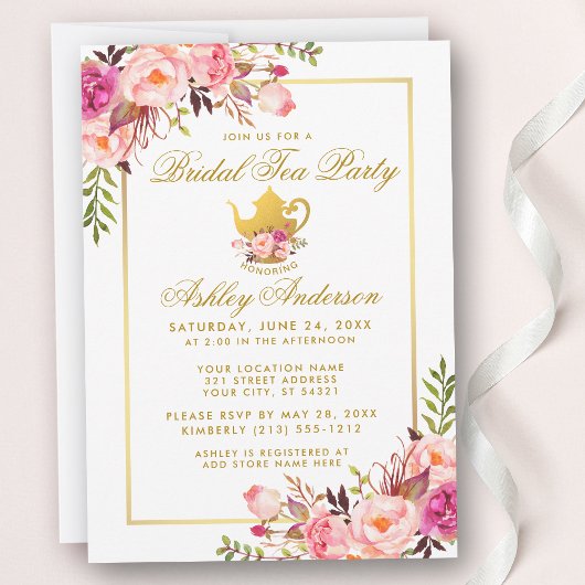 Invitation Pink Gold Floral Fête des mariées Tea P