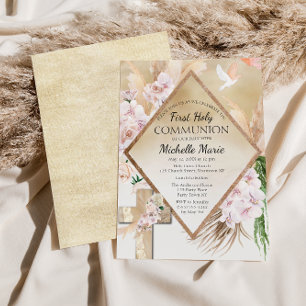 Invitation Pink Gold Floral First Holy Communion Girl
