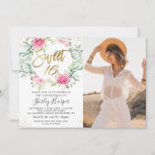Invitation Pink Gold Floral Greenery Sweet 16 Anniversaire Ph (Devant)