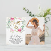 Invitation Pink Gold Floral Greenery Sweet 16 Anniversaire Ph (Debout devant)