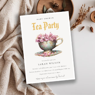 Invitation Pink Gold Floral Teacup Baby shower Tea Party