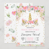 Invitation Pink Gold Floral Unicorn Baby Shower (Devant / Derrière)