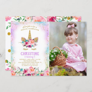 Invitation Pink & Gold Floral Unicorne photo Anniversaire