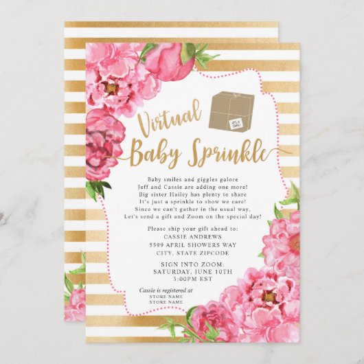 Invitation Pink Gold Floral Virtual Baby Sprinkle (Devant / Derrière)