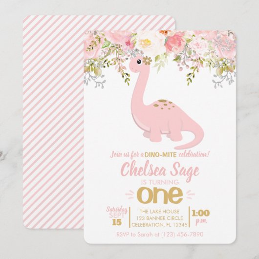 Invitation Pink & Gold Girl Dinosaur Floral Anniversaire (Devant / Derrière)
