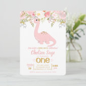 Invitation Pink & Gold Girl Dinosaur Floral Anniversaire (Debout devant)