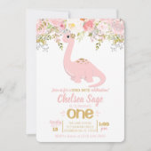 Invitation Pink & Gold Girl Dinosaur Floral Anniversaire (Devant)