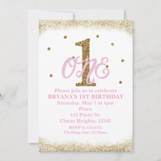 Invitation Pink & Gold Girls ONE 1er anniversaire (Devant)