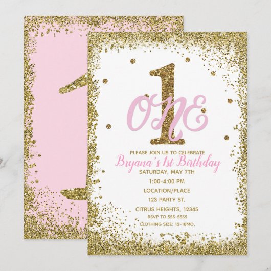Invitation Pink & Gold Girls ONE 1er anniversaire (Devant / Derrière)