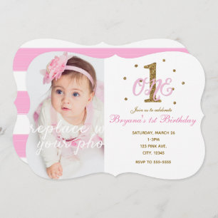 Invitation Pink & Gold Girls ONE 1er Birthday Party Photo