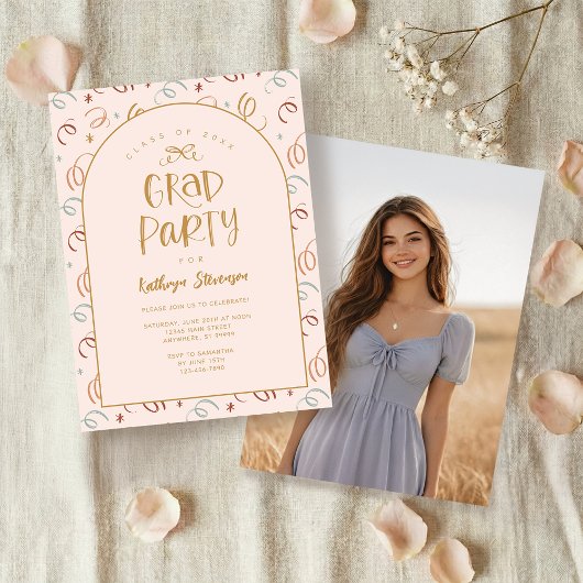 Invitation Pink Gold Girly Hand Drawn Confetti Grad Party