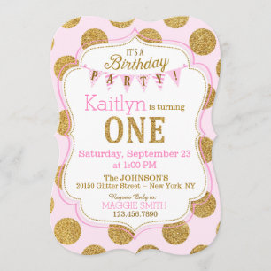 Invitation Pink Gold Glitter Sparkle First Birthday Invite