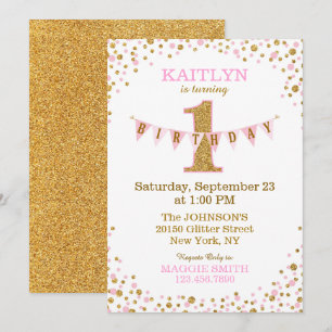 Invitation Pink Gold Glitter Sparkle First Birthday Invite