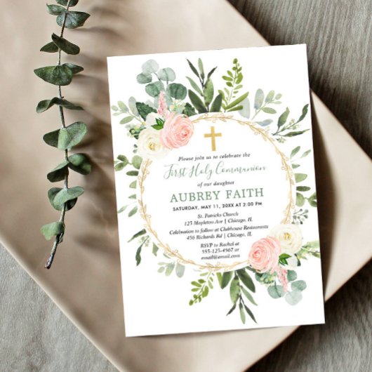 Invitation Pink gold greenery eucalyptus First Holy Communion