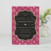 Invitation Pink & Gold Heart Damask Galentine's Dinner Party (Debout devant)
