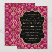 Invitation Pink & Gold Heart Damask Galentine's Dinner Party (Devant / Derrière)