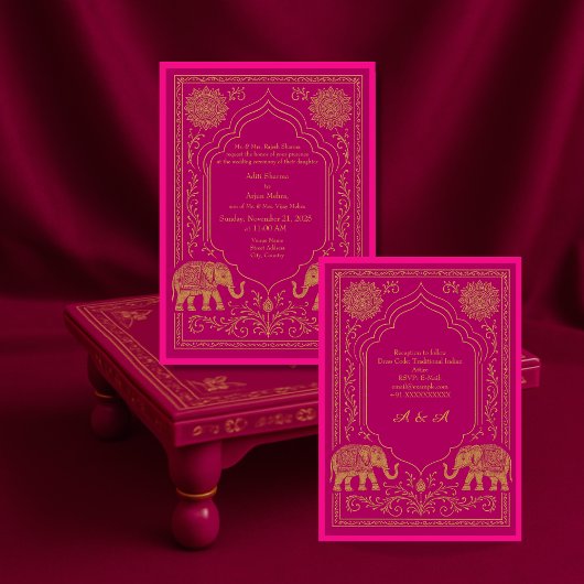 Invitation pink gold hindu mandala elephant arch wedding