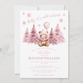 Invitation Pink Gold Hiver Teddy Ours Pine bébé fille Douche (Devant)