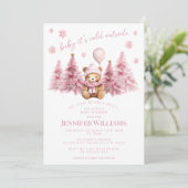 Invitation Pink Gold Hiver Teddy Ours Pine bébé fille Douche (Debout devant)