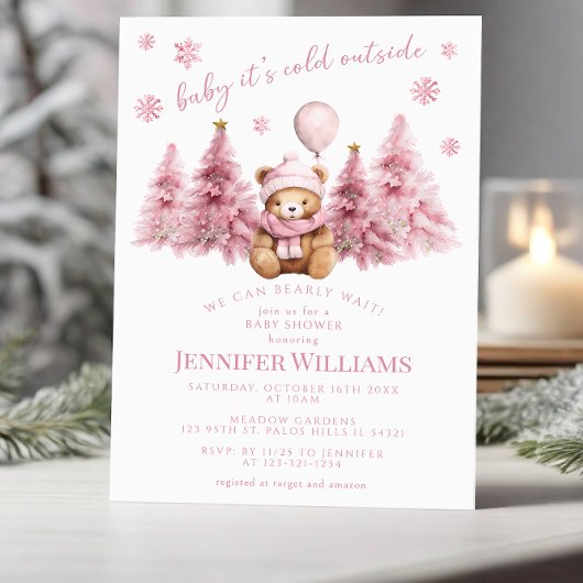 Invitation Pink Gold Hiver Teddy Ours Pine bébé fille Douche