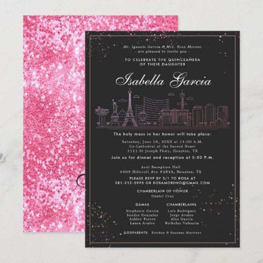 Invitation Pink Gold Las Vegas Quinceañera Anniversaire (Devant / Derrière)
