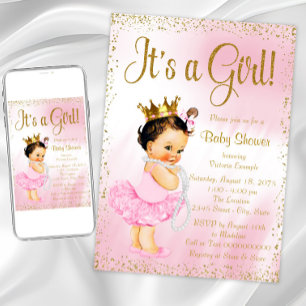 Invitation Pink Gold Little Ballerina Tutu Pearl Baby shower