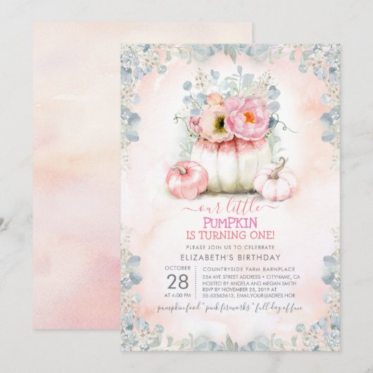 Invitation Pink Gold Little Citrouille mignon automne fête d' (Devant / Derrière)