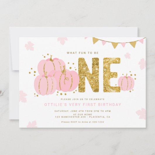 Invitation Pink Gold Little Citrouille Premier anniversaire f (Devant)