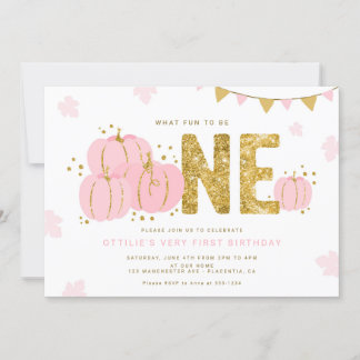 Invitation Pink Gold Little Citrouille Premier anniversaire f