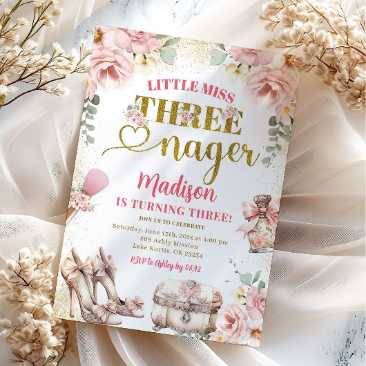 Invitation Pink Gold Little Miss Trois Anniversaire