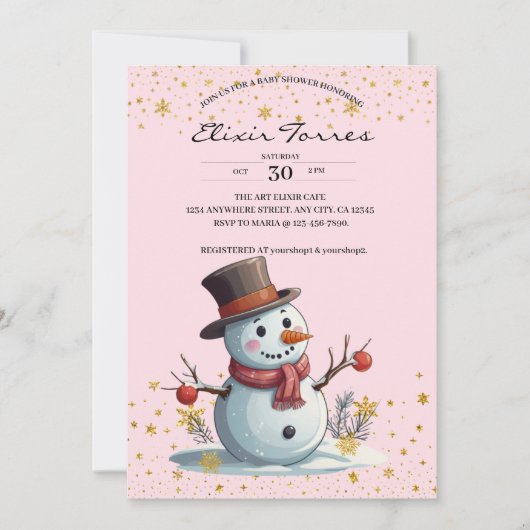 Invitation Pink & Gold Little Snowflakes Snowman Baby shower (Devant)