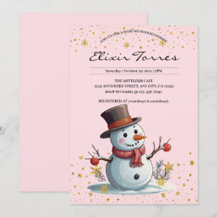 Invitation Pink & Gold Little Snowflakes Snowman Baby shower