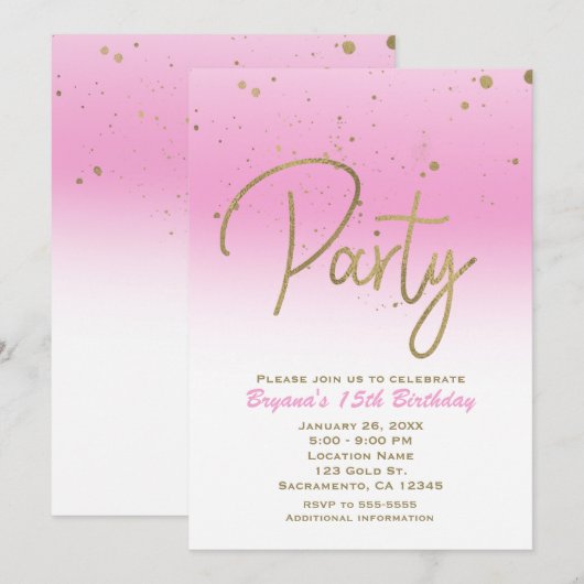Invitation Pink & Gold Modern Glam Confetti fête d'anniversai (Devant / Derrière)