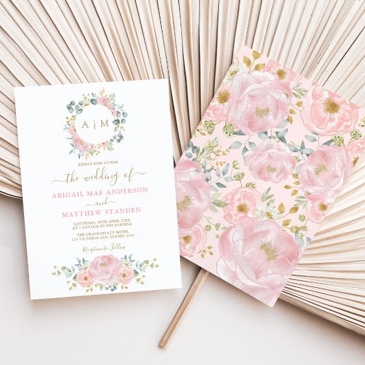 Invitation Pink Gold Monogramme Aquarelle Floral Wedding Part