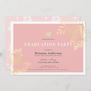 Invitation Pink Gold Palm Tree Tropical Graduated Party