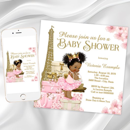 Invitation Pink Gold Paris Afro Princess Baby shower