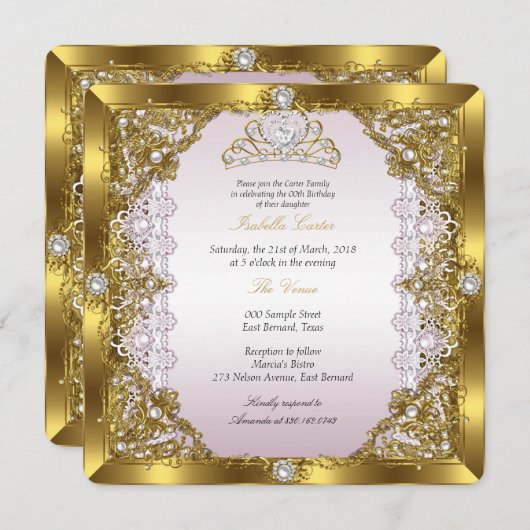 Invitation Pink Gold Pearl Dentelle Tiara Damask Anniversaire (Devant / Derrière)