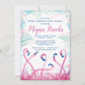 Invitation Pink Gold Pool Party Flamant rose tropical Anniver (Devant)
