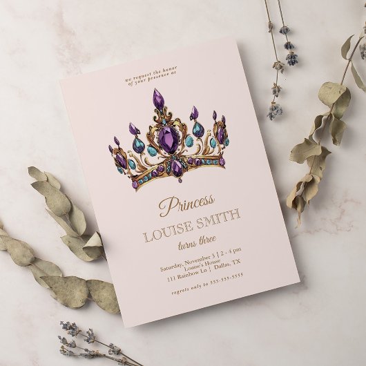 Invitation Pink Gold Princess Crown Fairytale Anniversaire