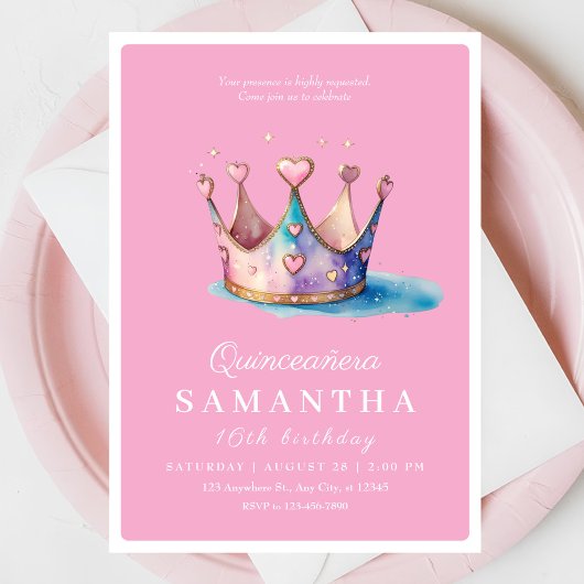 Invitation Pink Gold Princess Crown Fairytale Anniversaire