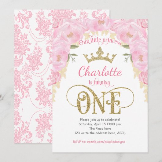 Invitation Pink Gold Princess Floral 1er Anniversaire (Devant / Derrière)