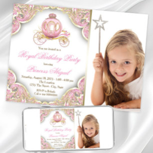 Invitation Pink Gold Princess Photo Anniversaire